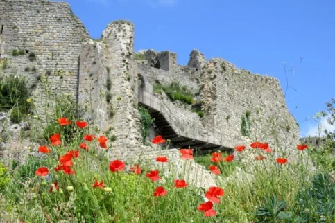 Porte médiévale restaurée, château de Termes